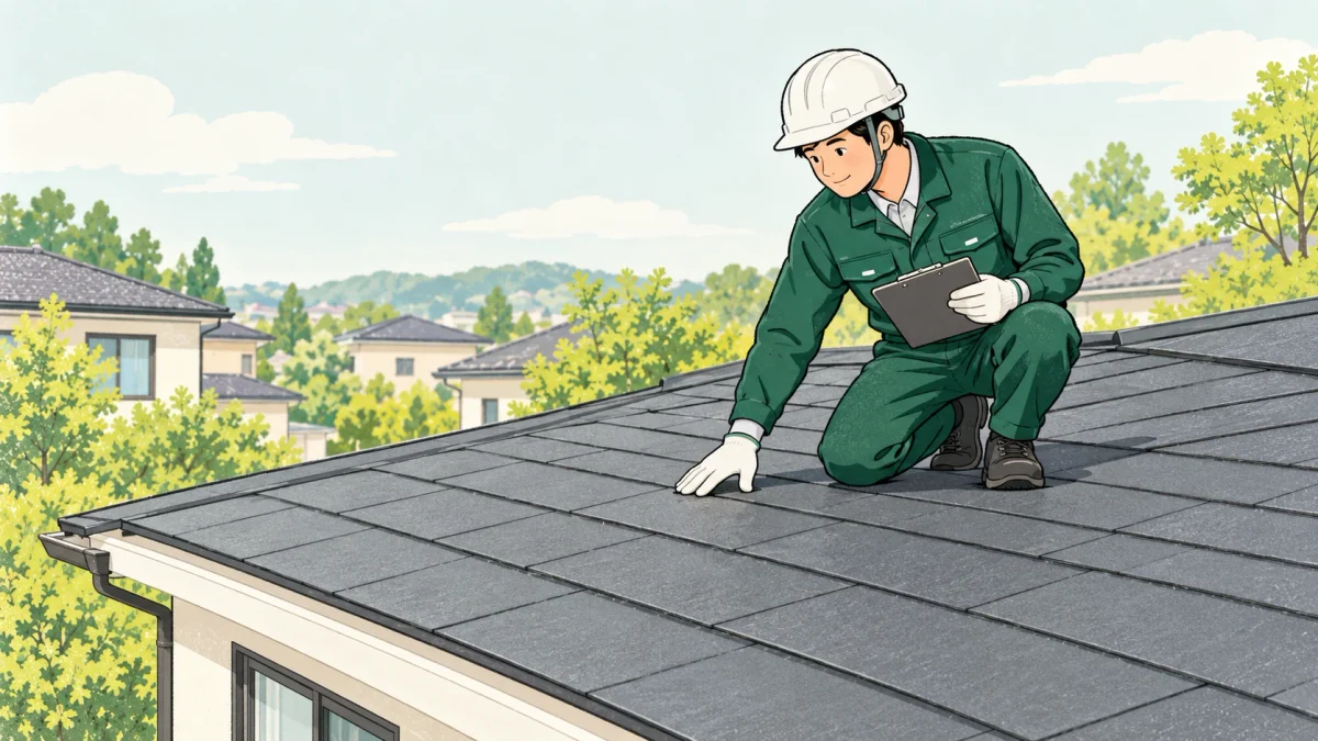 住宅の屋根材の状態を確認する点検スタッフのイメージイラスト