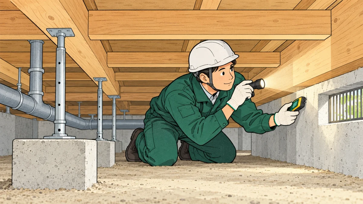 住宅の床下で基礎や木部を確認する点検スタッフのイメージイラスト