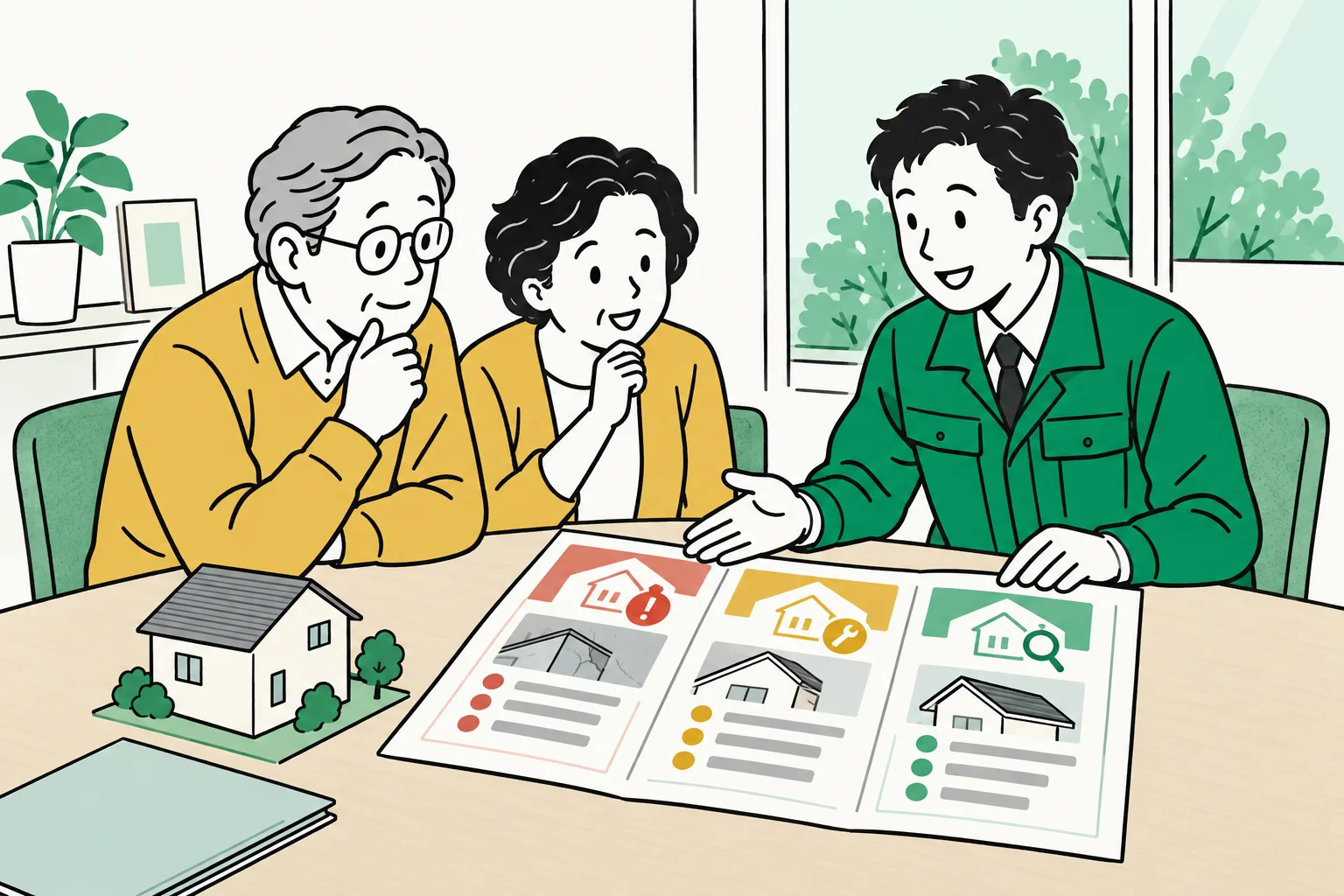 診断結果を3つの優先度に分けた報告書を男性スタッフが説明する様子
