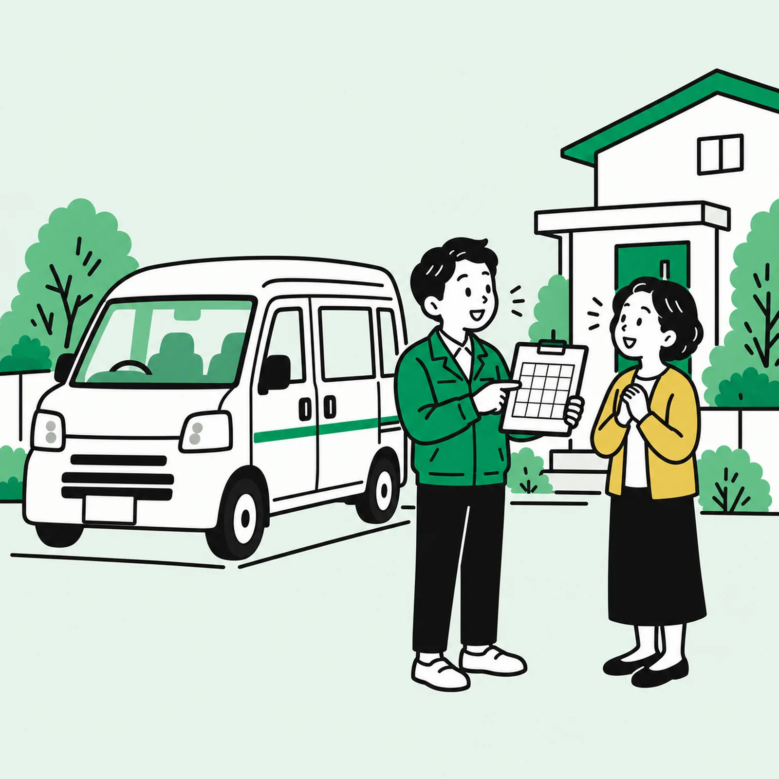 家の前に停めた作業車のそばで、スタッフが組合員に日程表を見せて相談しているイラスト