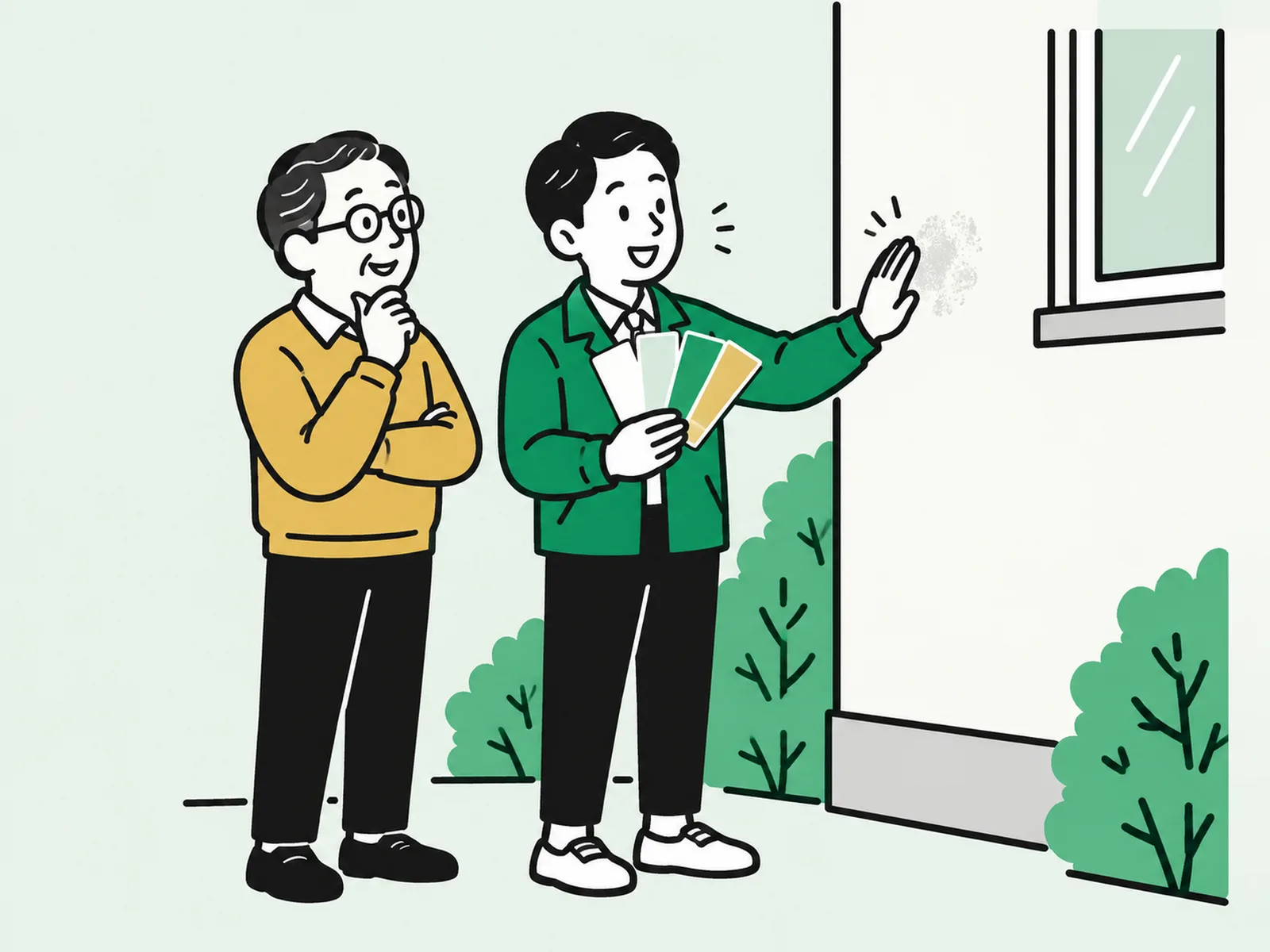 スタッフが外壁を触って確かめ、組合員に色見本を見せているイラスト