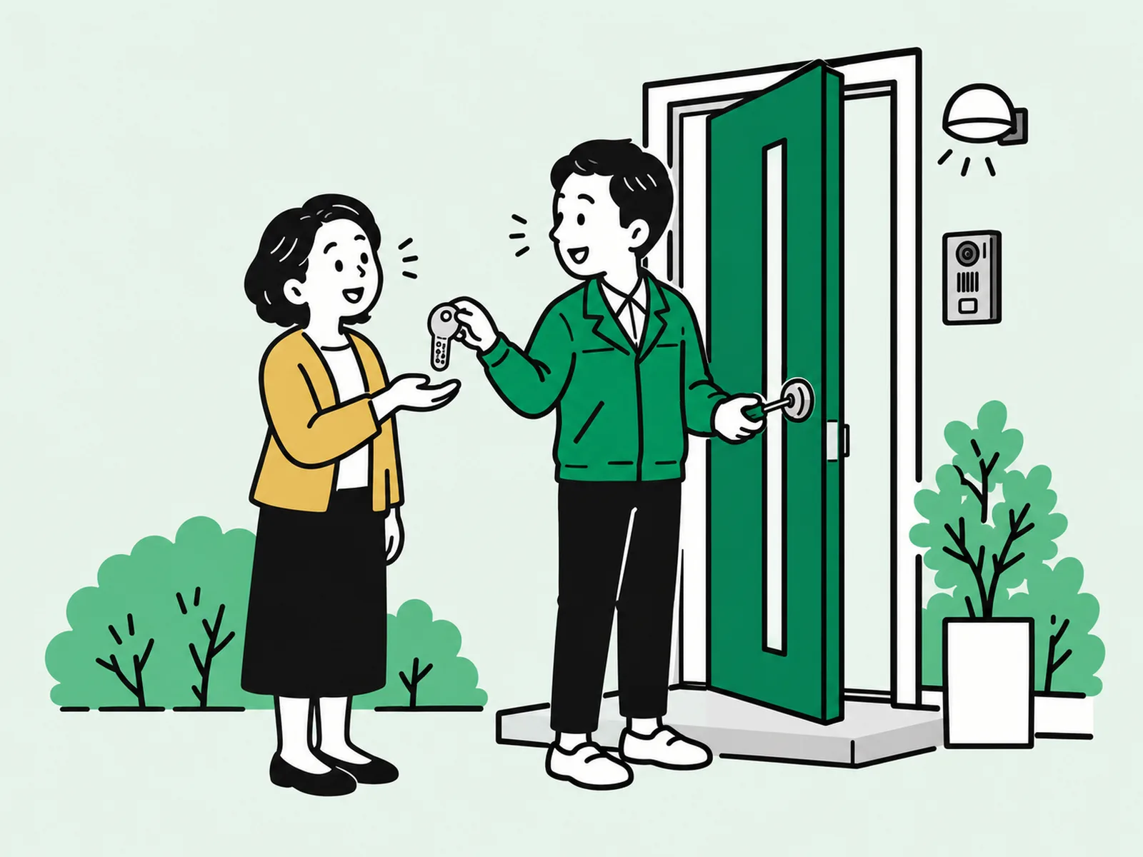 玄関で鍵を交換したスタッフが組合員に新しい鍵を渡しているイラスト