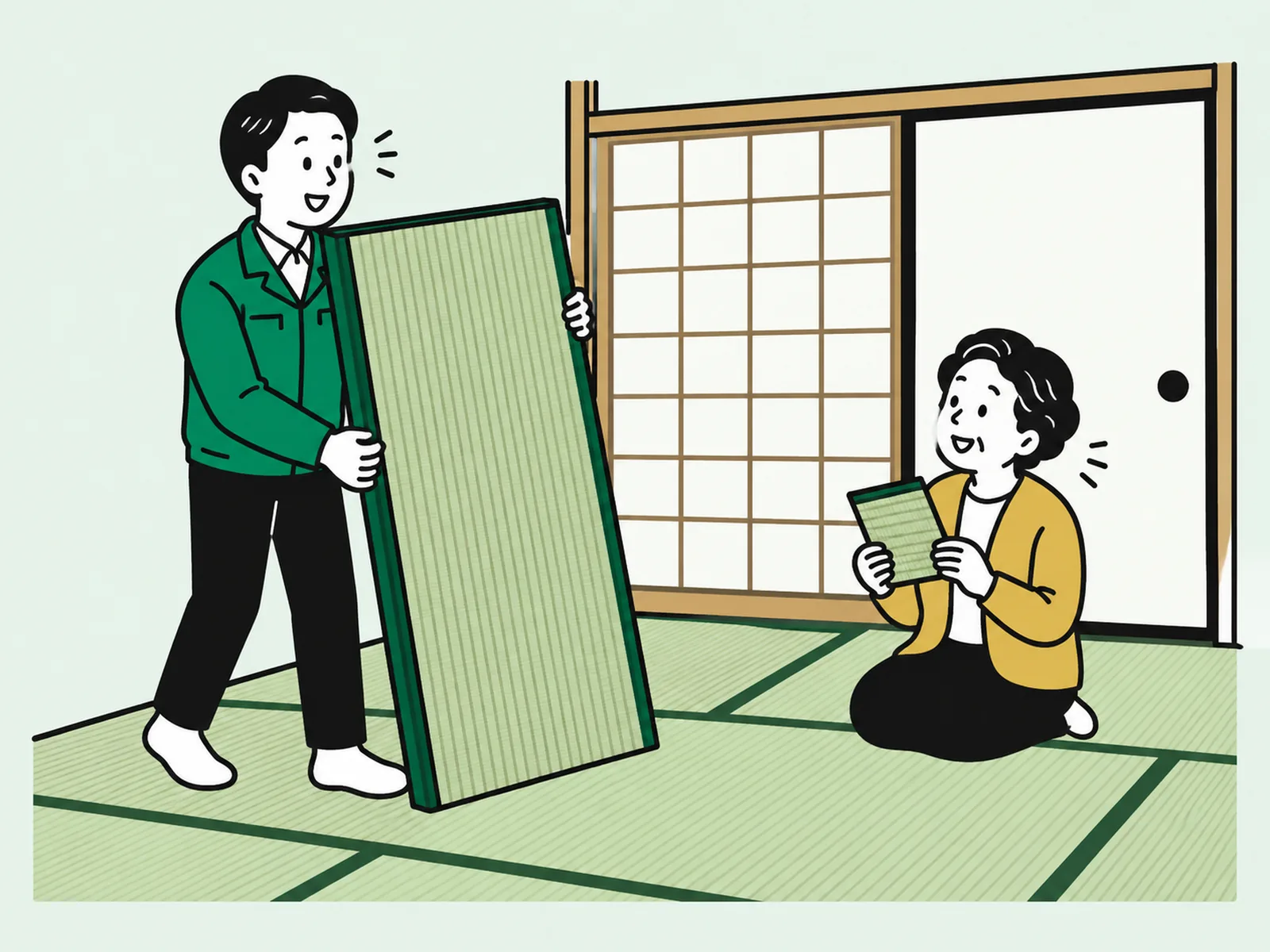 職人が新しい畳を運び、組合員が畳表のサンプルを確認しているイラスト