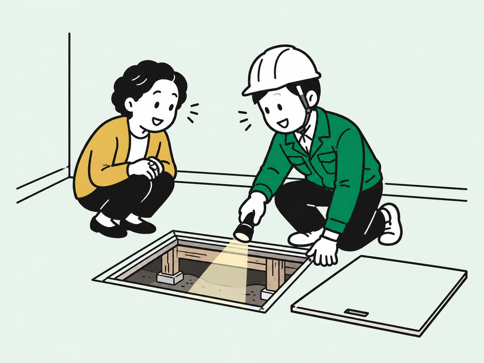 保護帽を着けたスタッフが床下点検口を懐中電灯で確認するイラスト