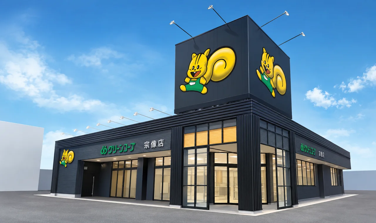 グリーンコープ宗像店の外観パース。黒い外壁に黄色いリスのキャラクターの看板